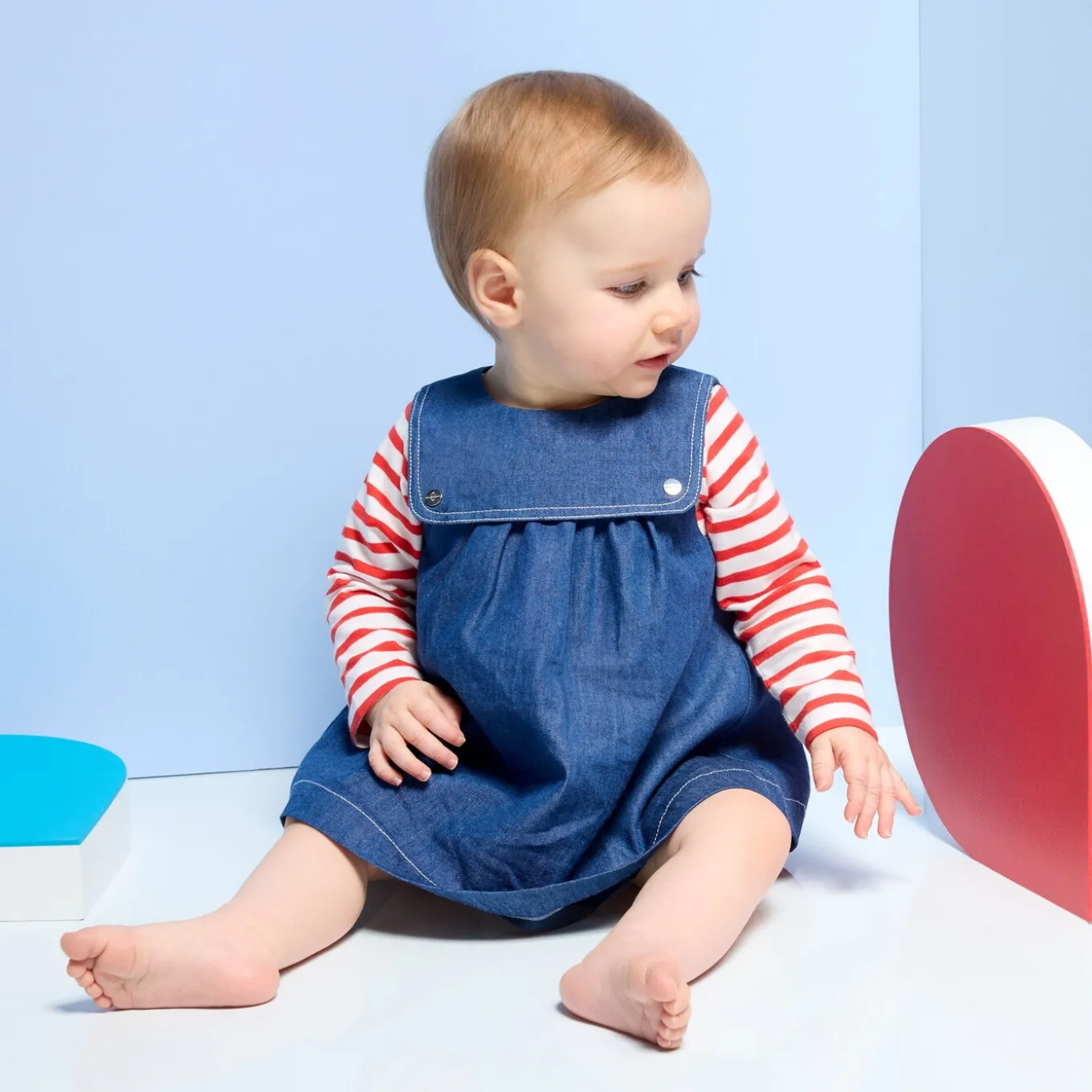Baby girl pinafore dress in lightweight denim